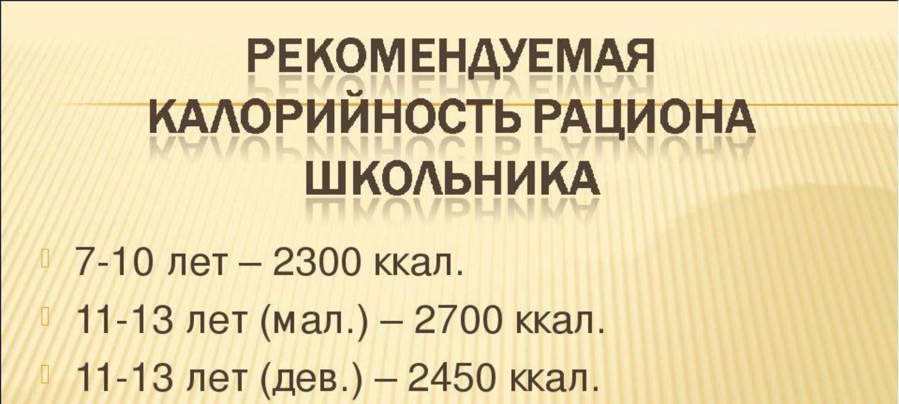 Рекомендуемая калорийность школьника